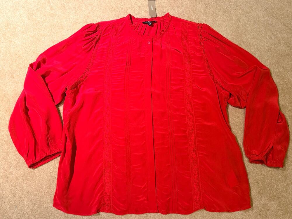 NWT J.Crew Red Silk Long Sleeve Ruffle Lace Trim Blouse Top Shirt Size 18
